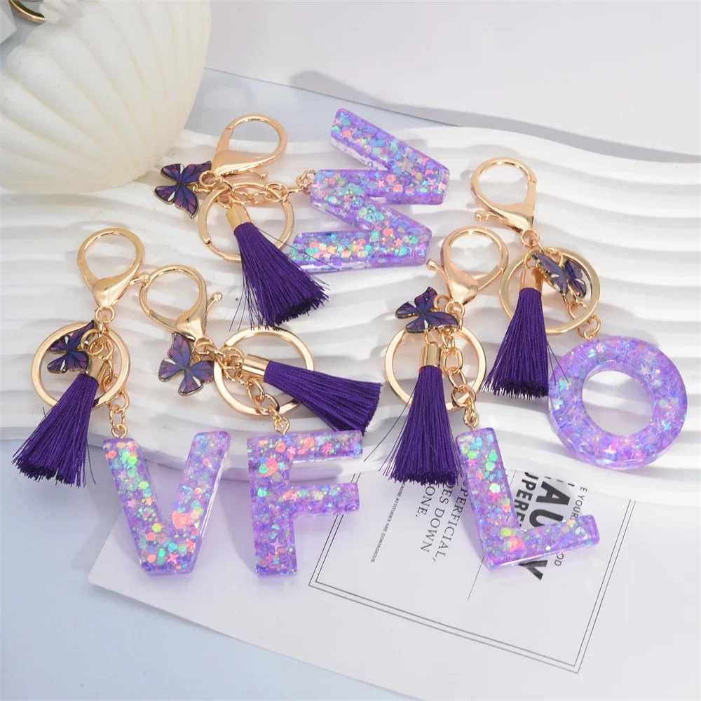 A-Z Shiny Sequin Letter Keychain Resin Couple Initial Purple Stars Filled Pendant Keyrings Handbag Car Key Charm Accessories