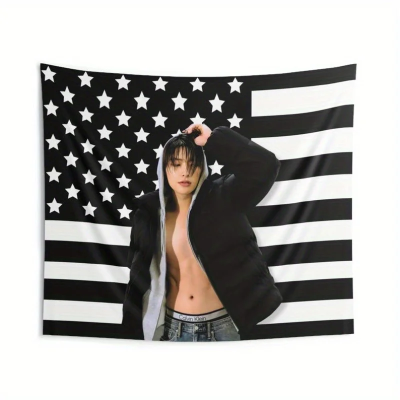 Ateez Mingi Abs Denim America Flag Banner Kpop Idol Tour Merch Concert Decor Gift for Atiny