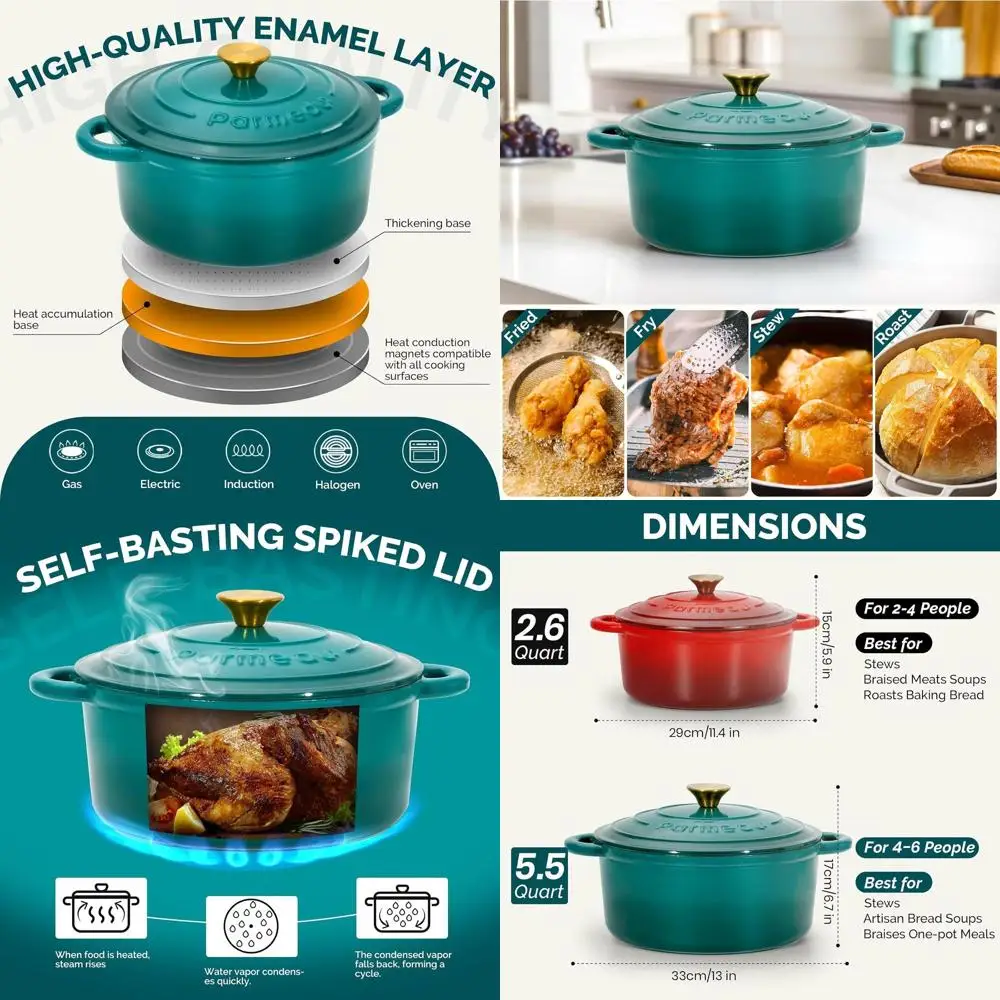 

5.5 Qt Enamel Dutch Oven with Lid, Dual Handles, Heavy-Duty Cookware for Braising, Stews, Roasting, Bread Baking, Bottle Green