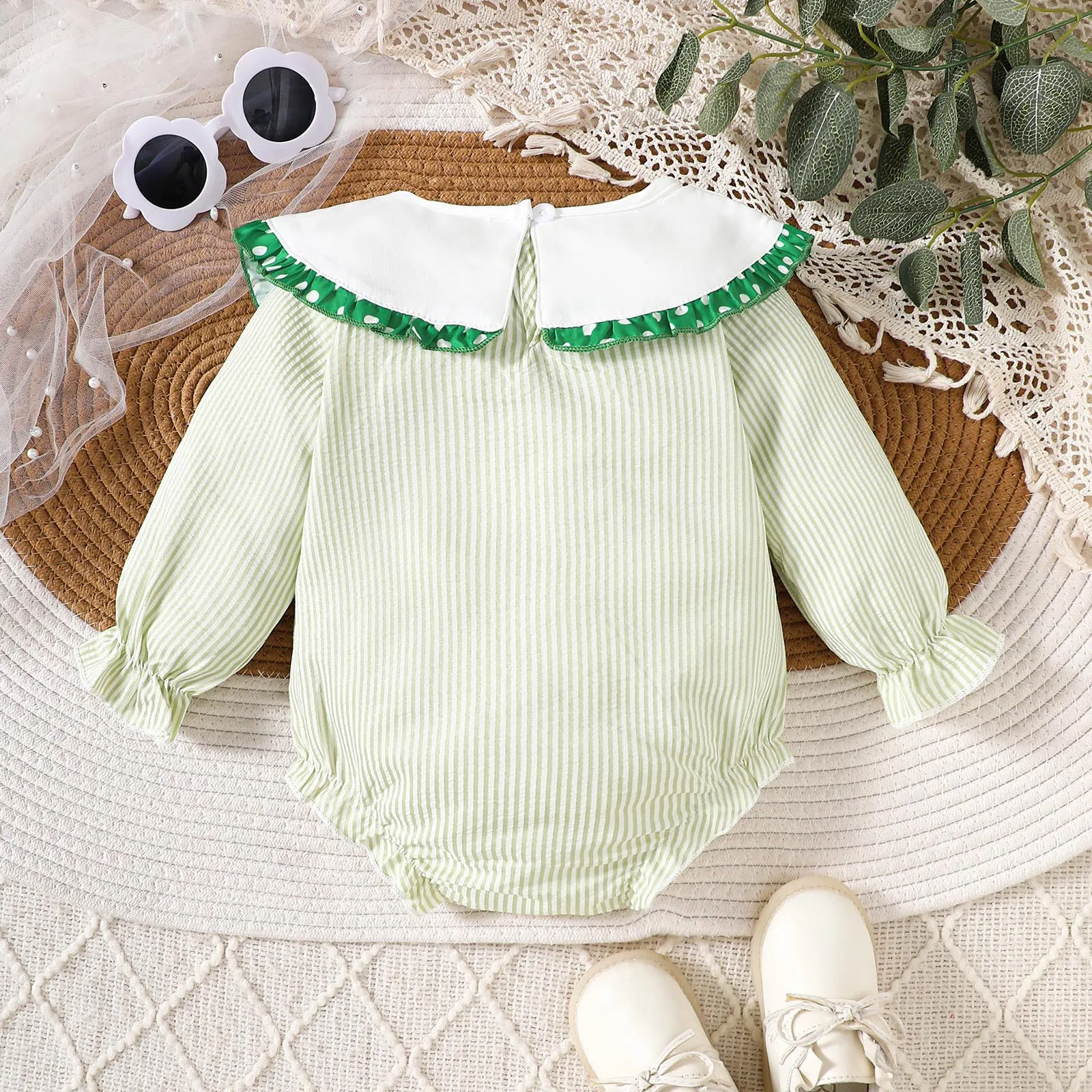 St. Patrick's Day Baby Clothes Baby Girls Striped One Piece Peter Pan Collar Girls Infant Girls Bodysuits Long Sleeve Outfits