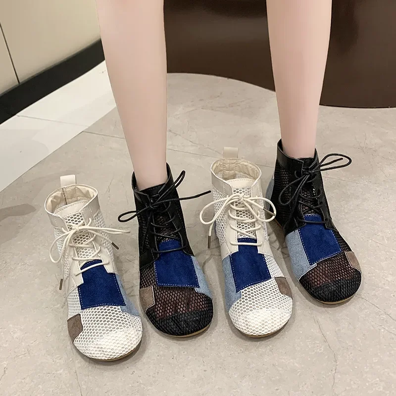 

2024 new short boots mesh casual cool boots for women fashionable plus size splicing flat breathable mesh round toe sandals