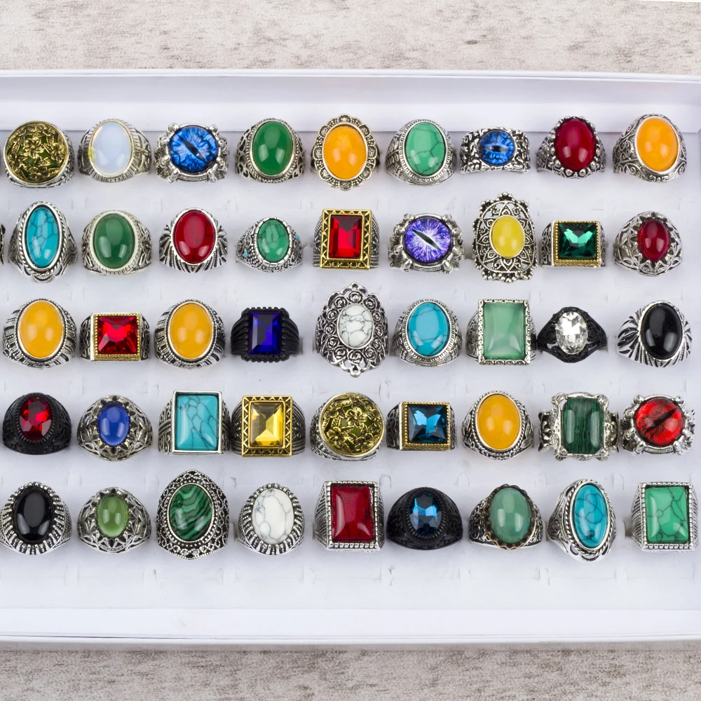 10/20/30 Pcs/Lot Vintage Rings For Men Women Colorful Stone Carved Flowers Fashion Jewelry Accessories Party Gift