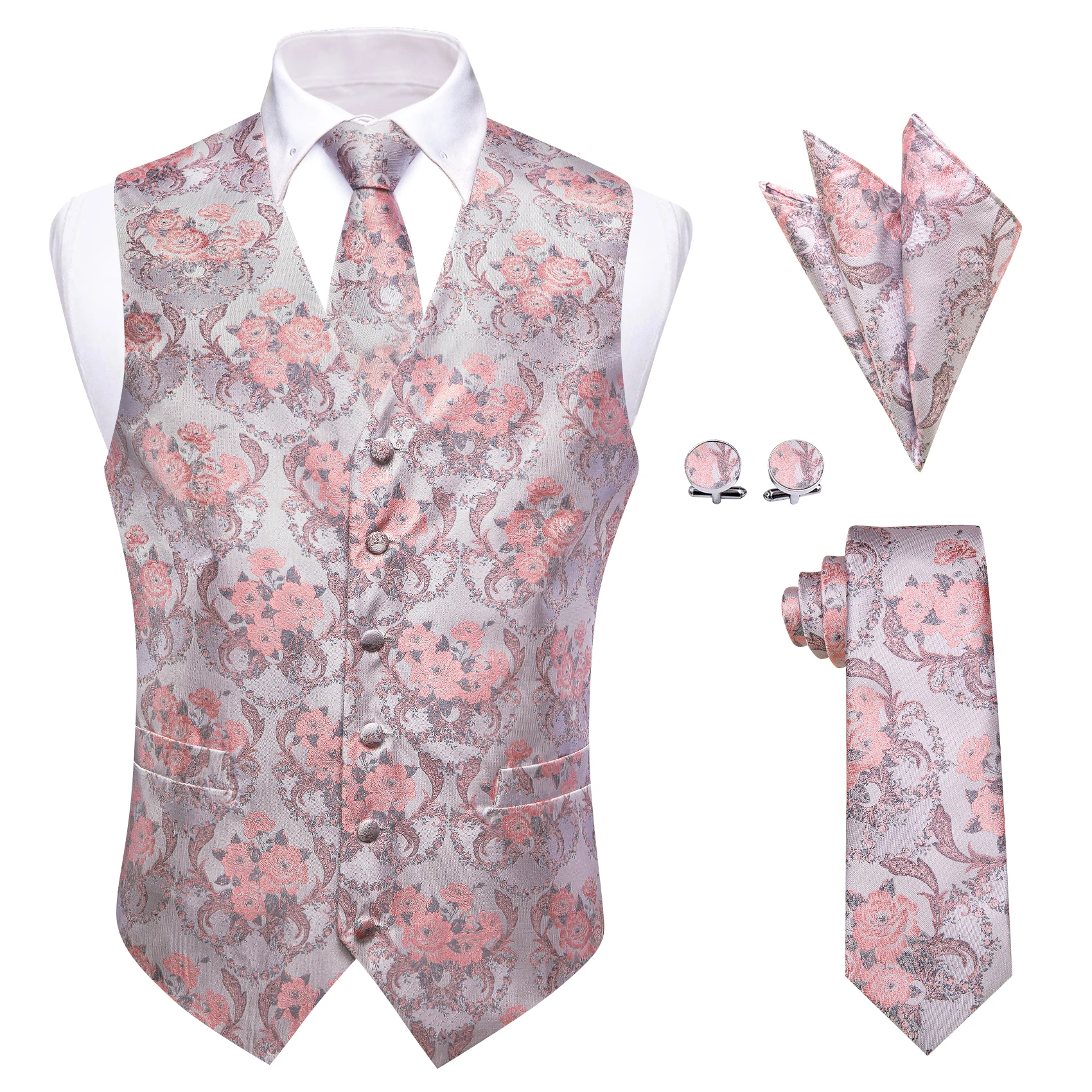 

Luxury Silk Men's Tuxedo Vest Pink Floral Print Formal Waistcoat 8 CM Width Business Necktie Pocket Square Cufflinks Party Groom