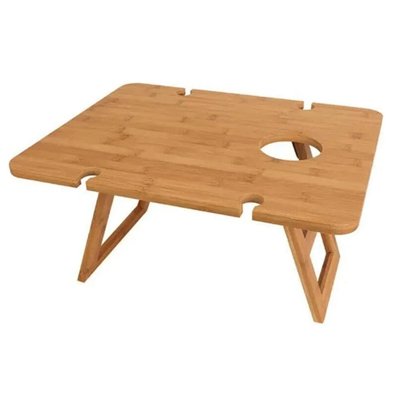 Outdoor Wine Picnic Table, Foldable Portable Wooden Camping Snack Table, Can Hold Wine Glasses And Bottles