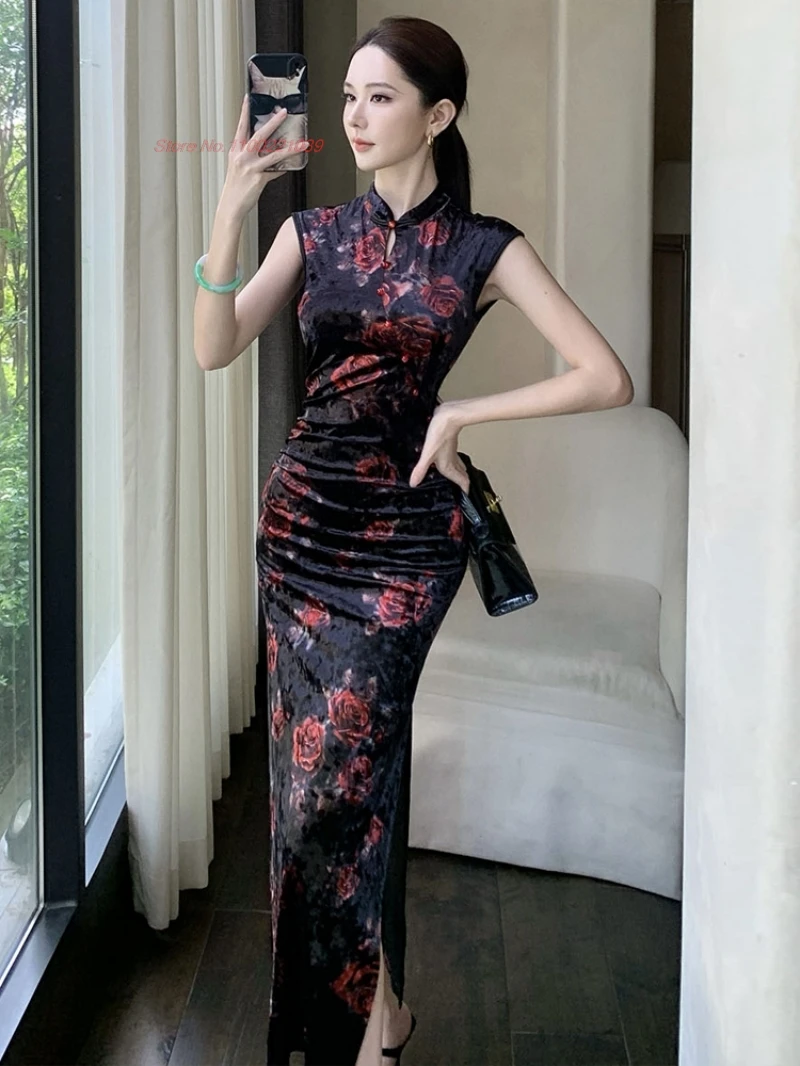 

Китайское сексуальное платье 2021, бархатное платье Cheongsam без рукавов с цветочным принтом, вечернее платье, традиционное сексуальное платье Ципао для ночного клуба, платье