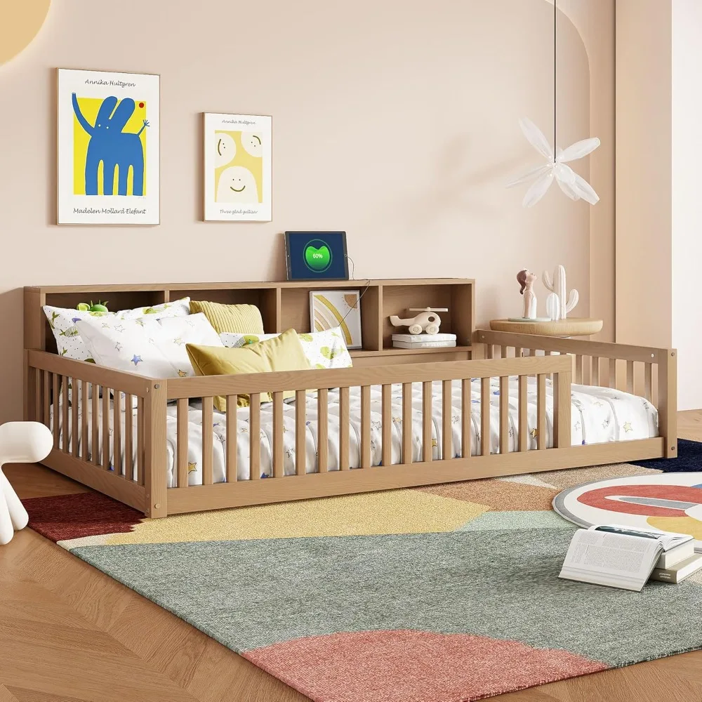 سرير مزدوج مقاس XL مع خزانة كتب بجانب السرير، وأرفف، ودرابزين، وسرير مونتيسوري من الخشب مع مساحة تخزين