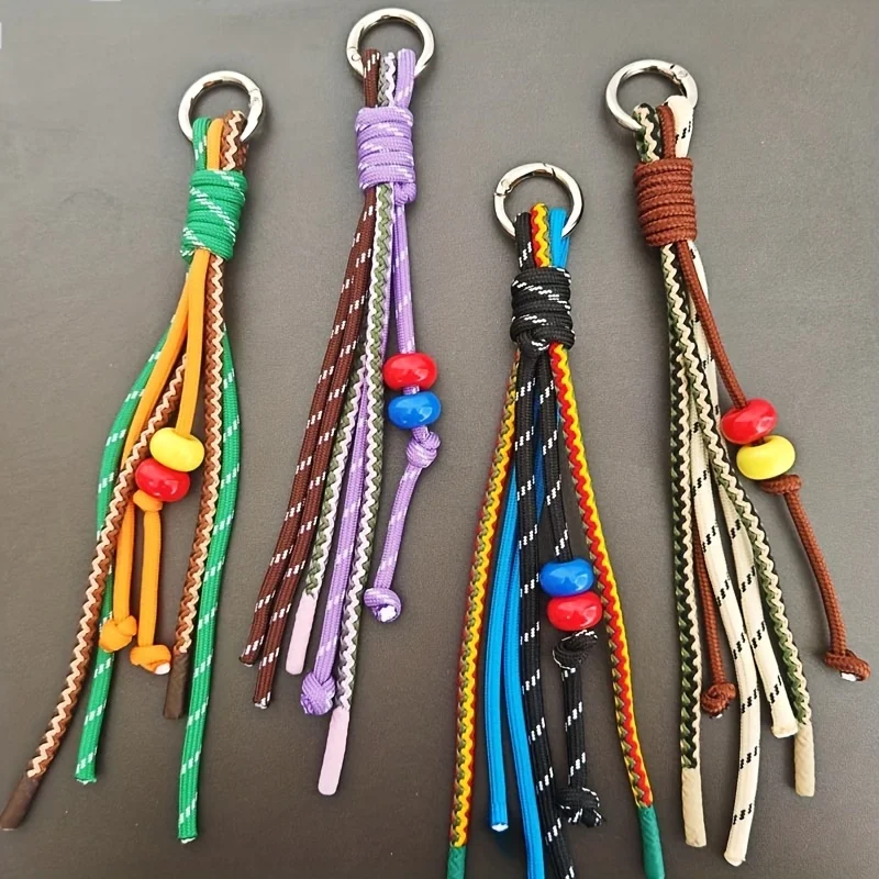 

Colorful Nylon Braided Rope Keychain with Tassel Beads, Korean Style Creative Bag Charm, Ethnic Design - Bulk Pack