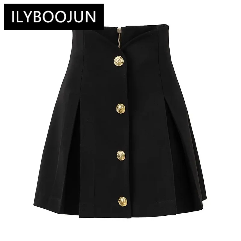 

Summer New Arrival 2024 Women Solid Black All Match Single-breasted A-line Lady Pleated Mini Skirt