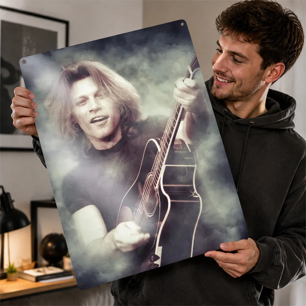 Bon Jovi Acoustic Guitar Portrait Printed Poster Smoky Wall Art For Bedroom Customized Aluminum Metal Sign Instrument Lover Gift