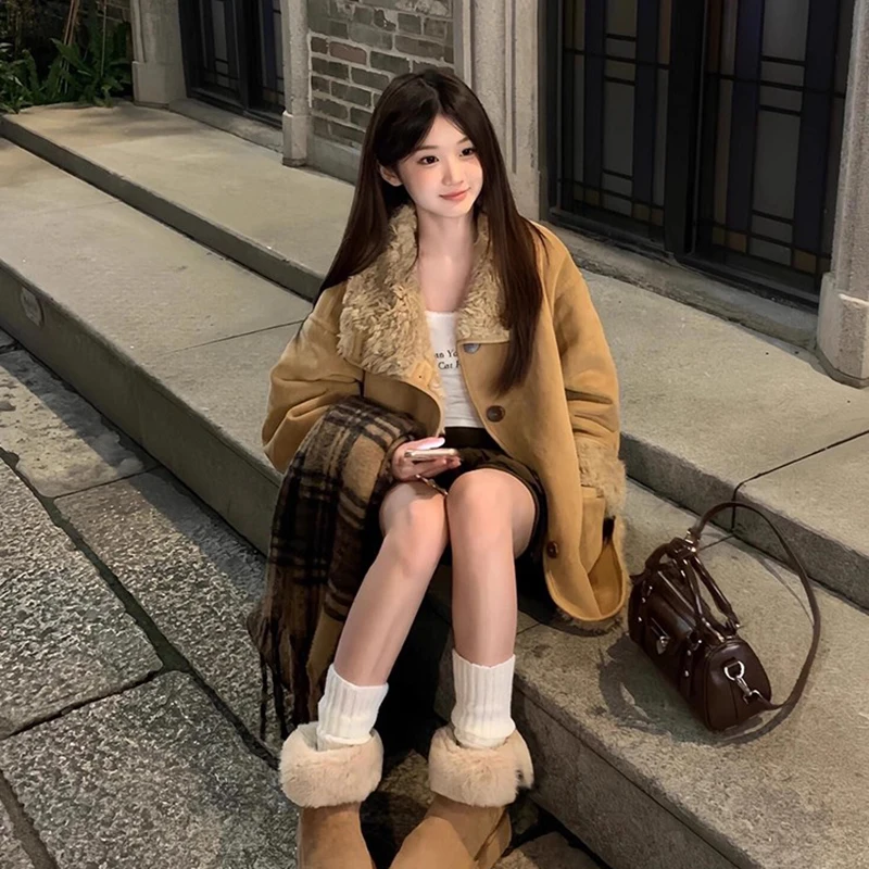 Winter Women Thick Warm Suede Lamb Jackets Short Motorcycle Coats Faux Shearling Sheepskin Leather Outwear Double-Sided Wear Top
