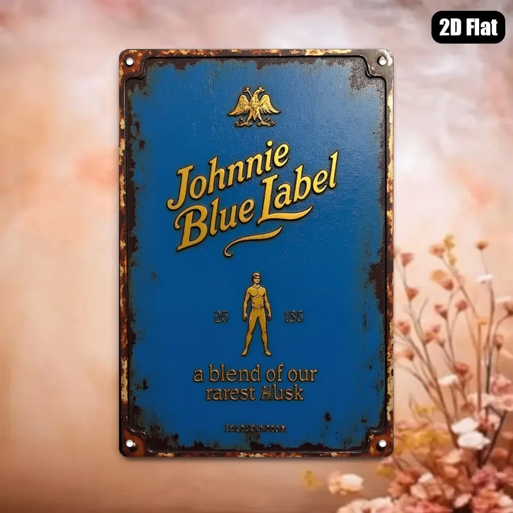 7.87 بوصة × 11.81 بوصة قطعة واحدة من لافتة معدنية مسطحة عتيقة ثنائية الأبعاد - "Johnnie Blue Label" فن الويسكي، ديكور ألومنيوم ذهبي/أزرق للدراسة/الصالة #3