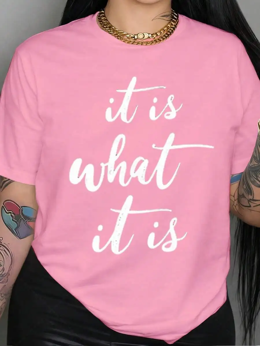 

Womens Plus Size Casual Short Sleeve T-Shirt With Script Print Loose Fit Top For Spring Summer Street Style