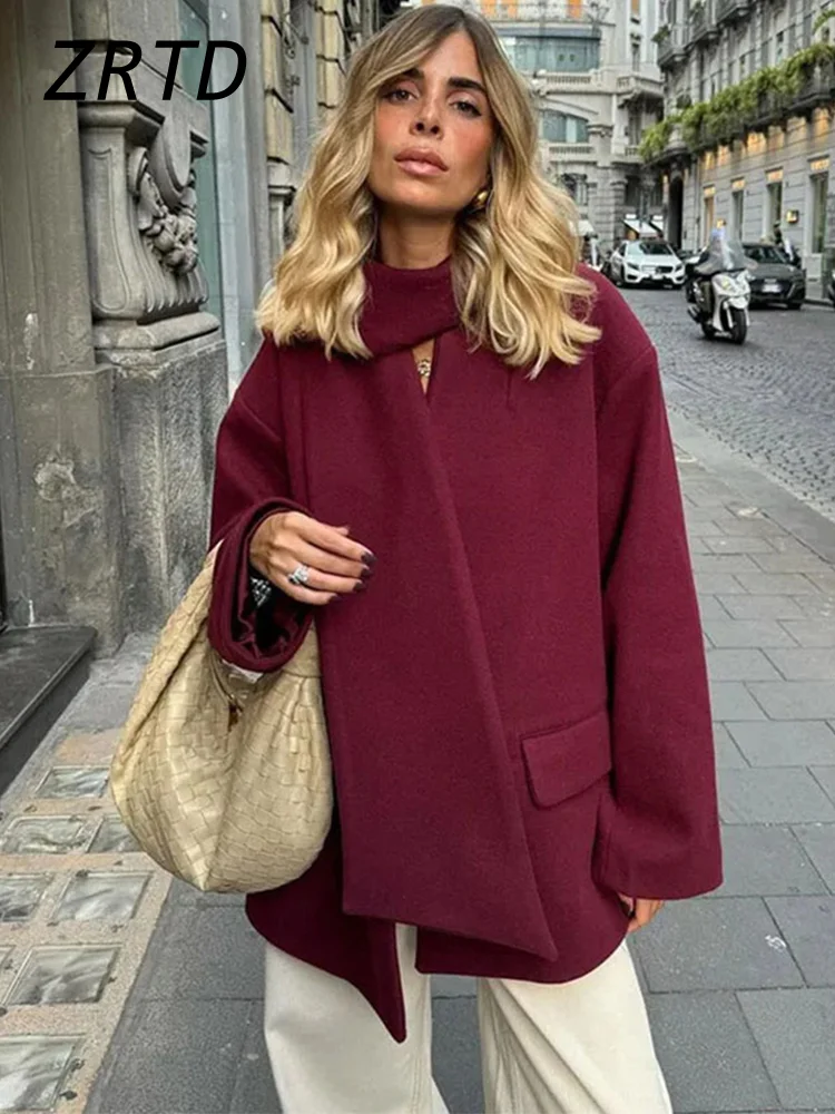 Vintage Women's Woolen Coat With Scarf Loose V-neck Single Breasted Full Sleeve Female Jackets 2024 Autumn Lady Fashion Outwear