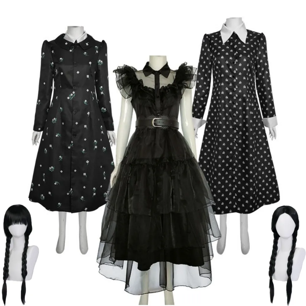 2023 American Drama Movie TV Wednesday Addams Family Cosplay Costume Wig Adult Child Black Gothic Printing Dress Hallowen Suit