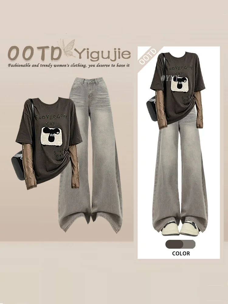 Retro Hong Kong Style Coffee Letter round Neck Spliced Sleeve T Shirt High Waist Wide Leg Jeans Two Piece Set Women's Fashion