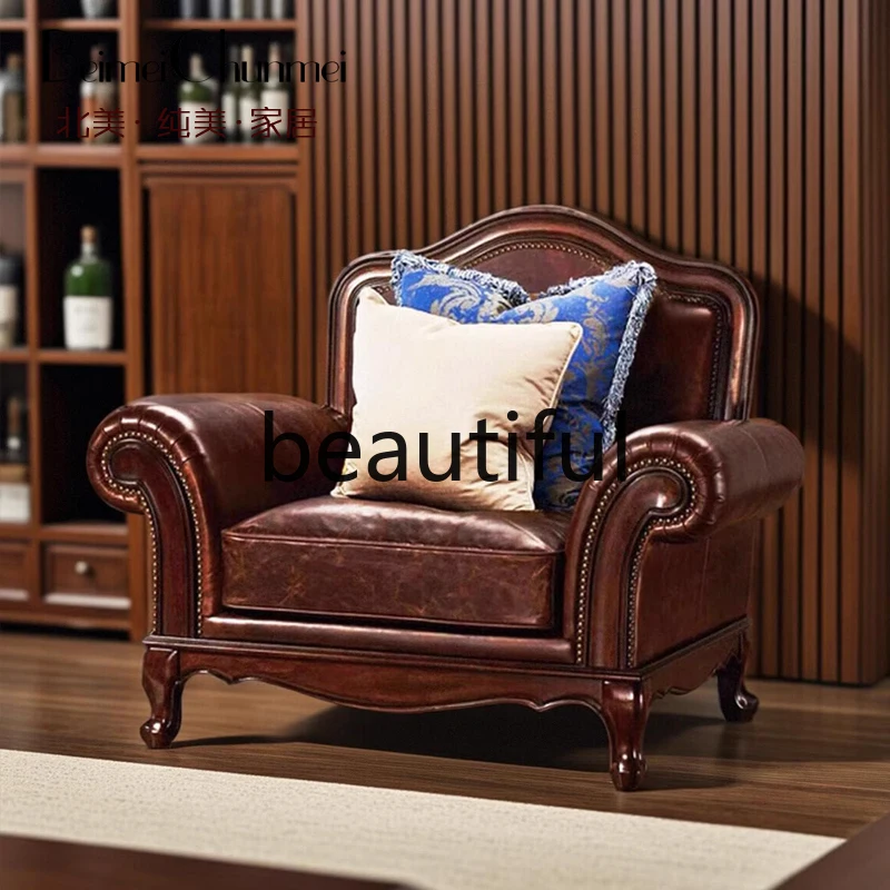 North American pure solid wood first layer oil wax leather soft bag living room single sofa