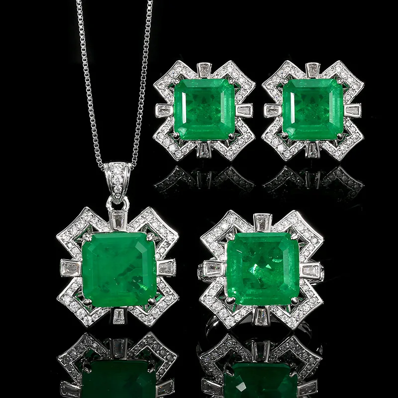 

Luxury Emerald Jewelry Adjustable Ring Necklace Earrings with Square Emeralds Accents Elegant Geometric Design for Women Vintage