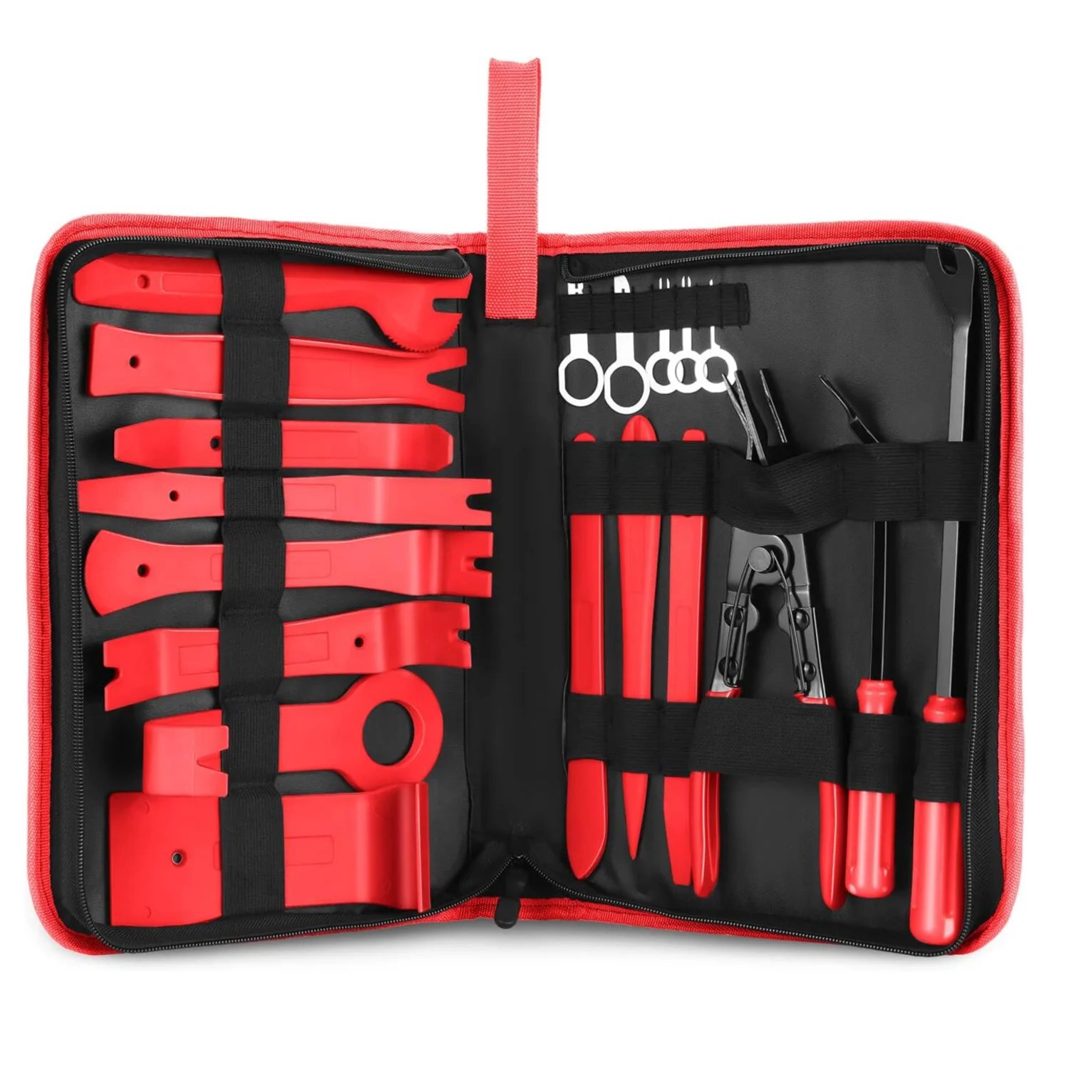 Car Trim Removal Tool Kit Clip Plier Upholstery Remover Set for Auto Door Panel Audio Dashboard, with Storage Bag Red