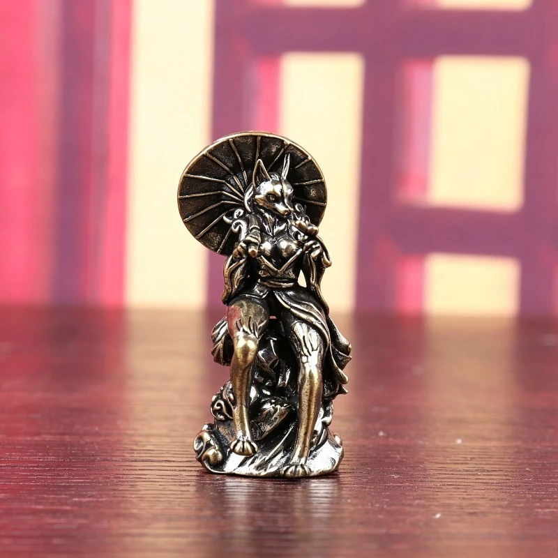 Vintage Brass Fox Fairy Figurine, Chinese Mythical Kitsune Statue with Umbrella, Mini Desktop Ornament,  Collectible Craft Gift