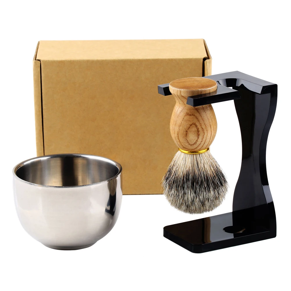 3PCS Shaving Badger Brush Stand Bowl Kit, 22mm Barber Wood Handle Brush, Clear Acrylic Stand Bowl Set for Men Wet Shaving Gift