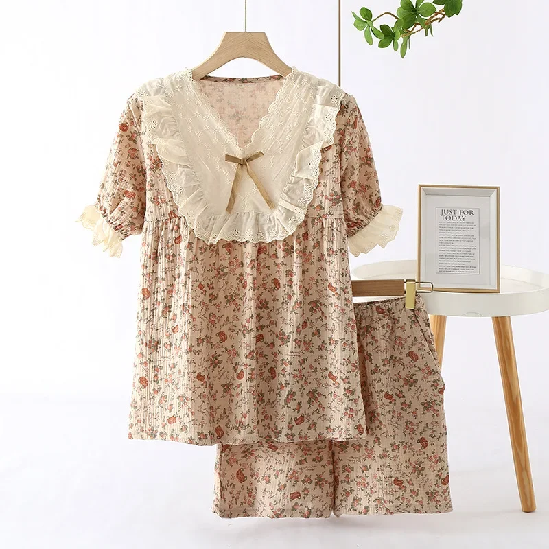 

Новая летняя женская одежда, марлевые хлопковые кружевные пижамы с v-образным вырезом и шортами, ночная рубашка, комплект из двух предметов, пижамы для женщин