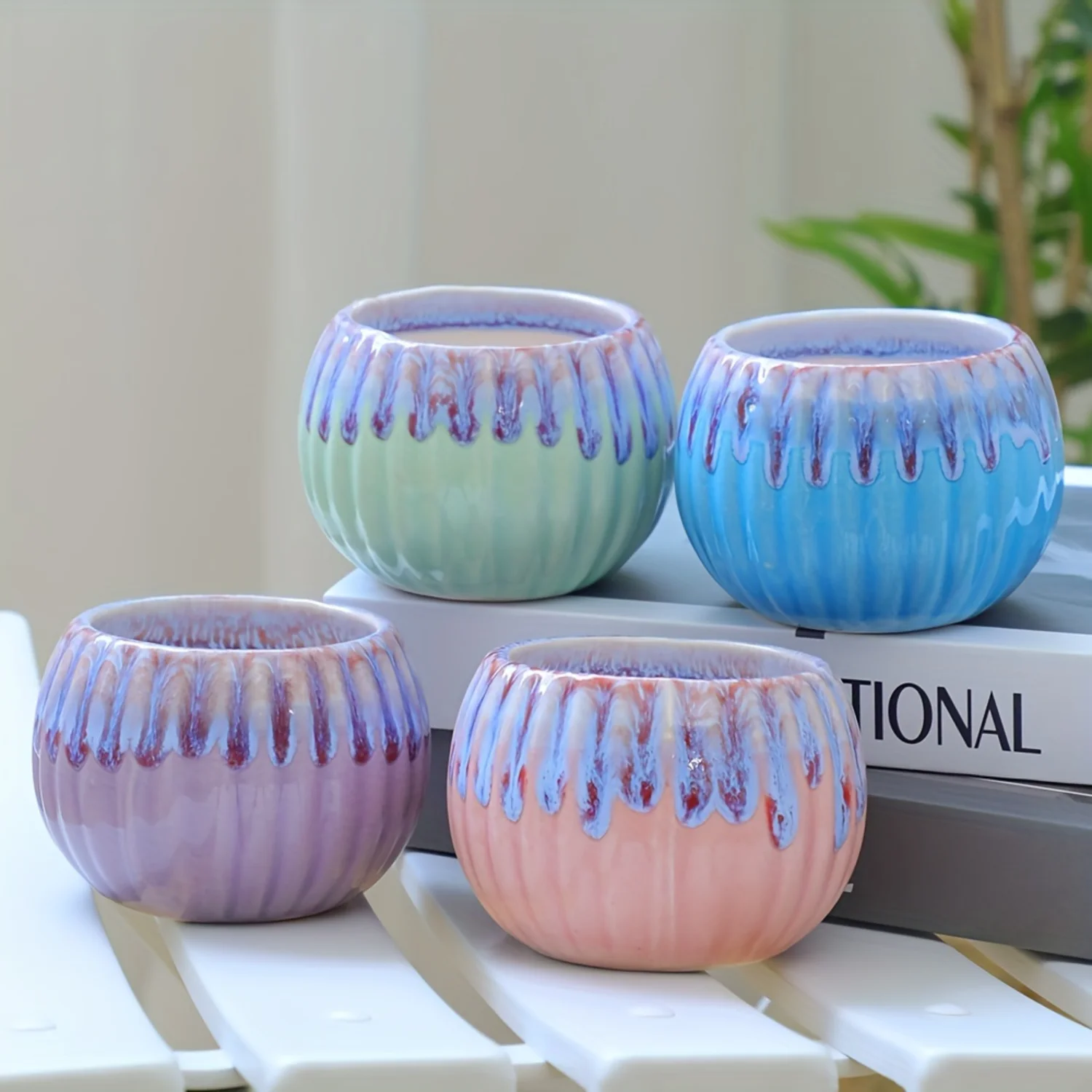 

Colorful 4pcs Ceramic Succulent Pot Set - Ideal for Colorful Cactus & Horticulture in Small Spaces