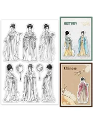 1Sheet Hanfu Women Clear Stamps Ancient China Lady Silicone Clear Stamp Seals Fan Transparent Stamps for DIY Scrapbooking Cards