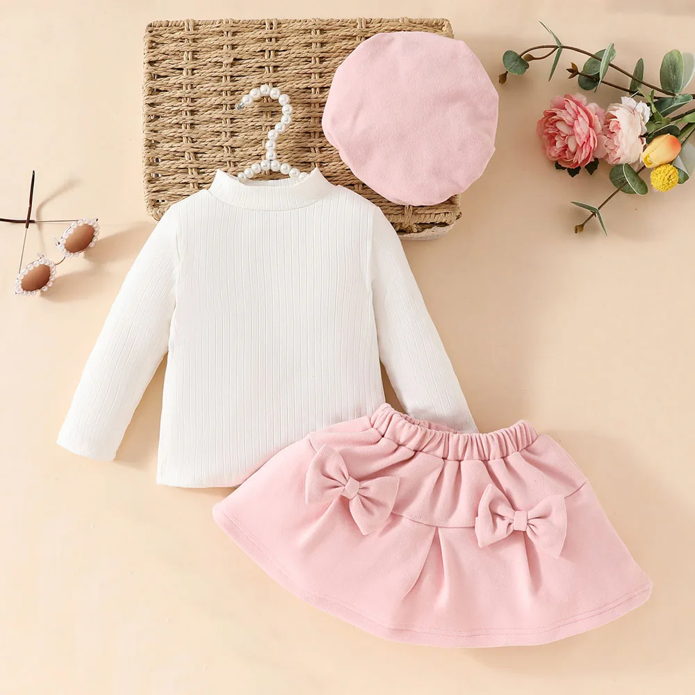 3pcs Autumn kids girls Clothes Long Sleeve Solid color Tops bow Skirt with beret Toddler baby outfit Set