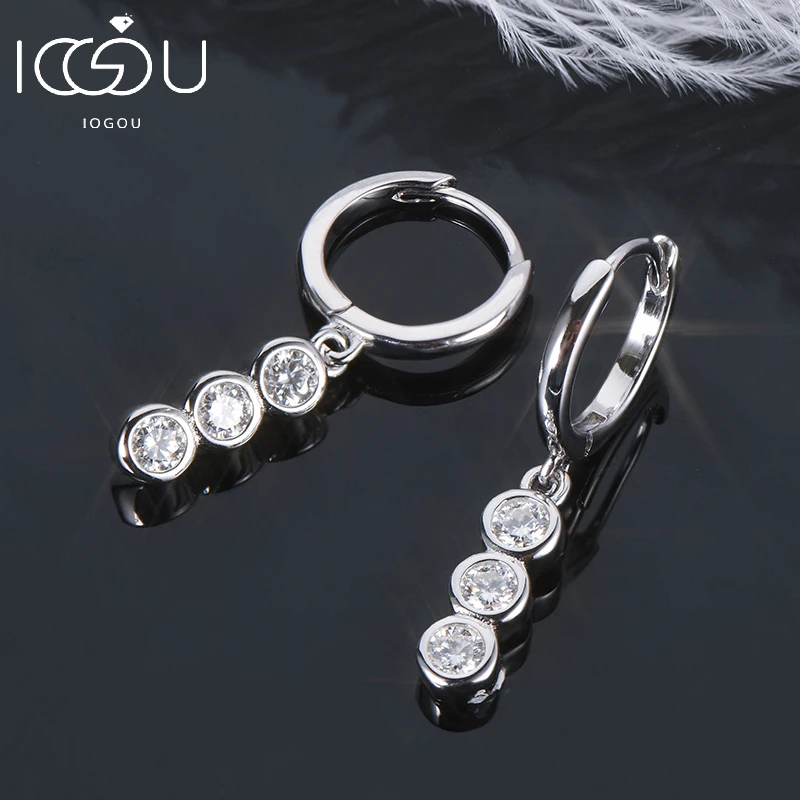 

IOGOU Luxury Hoop Earrings for Women 3mm 3 Stone Moissanite Bar Dangle Huggie Earrings Silver 925 Original Jewelry for Girls