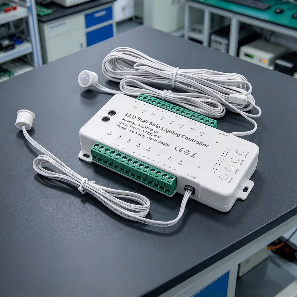 16-Channel LED Stair Light Controller With Motion Sensor 9-Speeds 4 Brightness Levels DC12V-24V Adjustable Delay Timer
