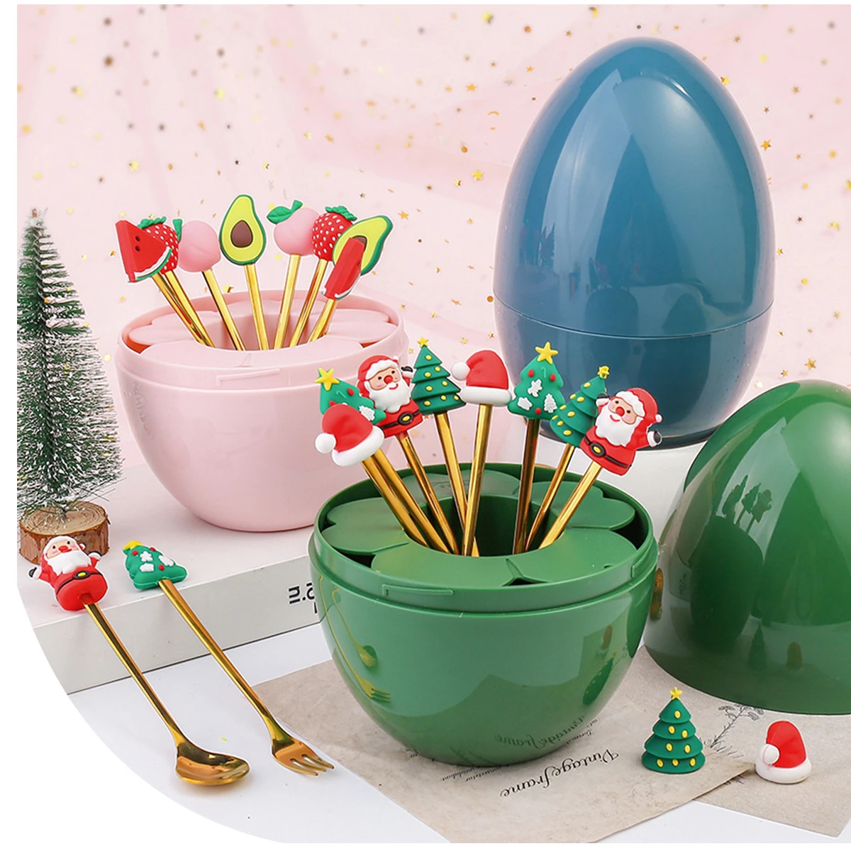 

Cute Christmas Dessert Spoon Fork Set Cartoon Doll Fruit Fork Children's Small Tableware Portable Proof Bento Accessories