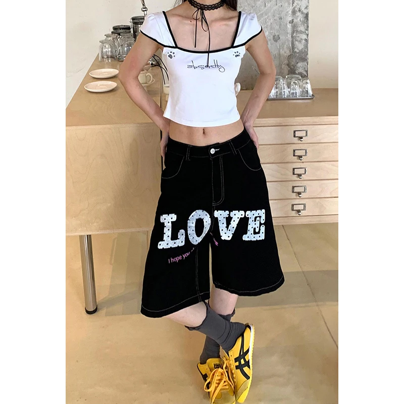 

PBAP Y2k LOVE Женские джинсовые шорты с принтом в горошек Ретро Черные карманы Прямые повседневные широкие мешковатые джерты Корейская летняя одежда