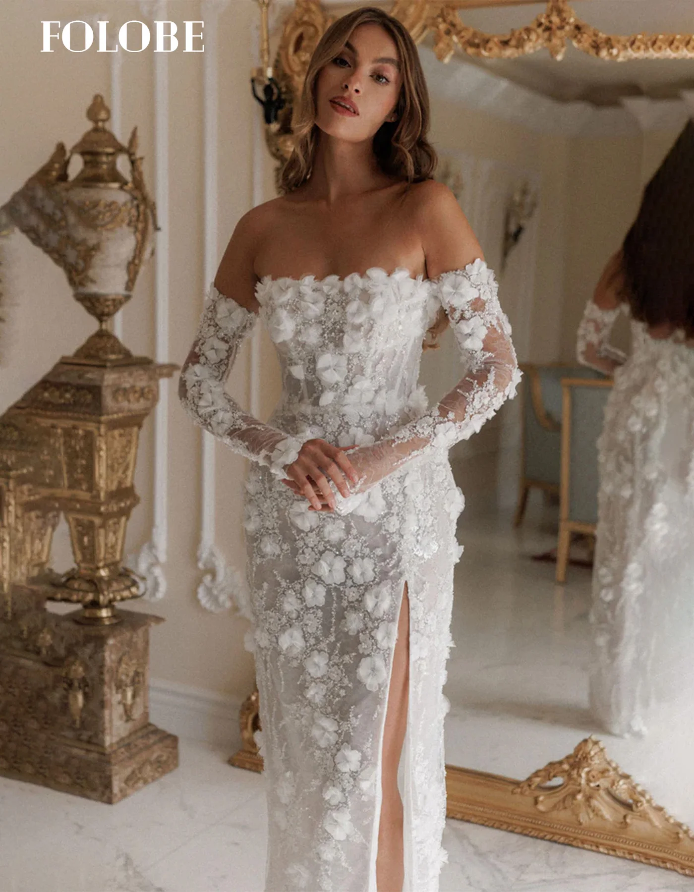 FOLOBE blanc bretelles sirène robe de bal avec des fleurs 3D haute fente robes de soirée formelles vestidos de noiva personnalisé