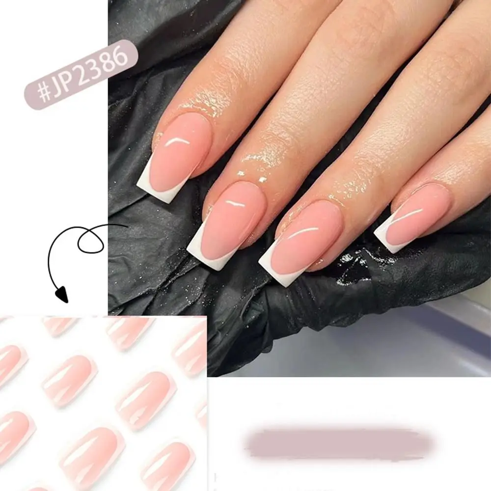 24pcs Detachable Black Lines Snake Fake Nials Press on Nails French White Edge False Nails Long Square