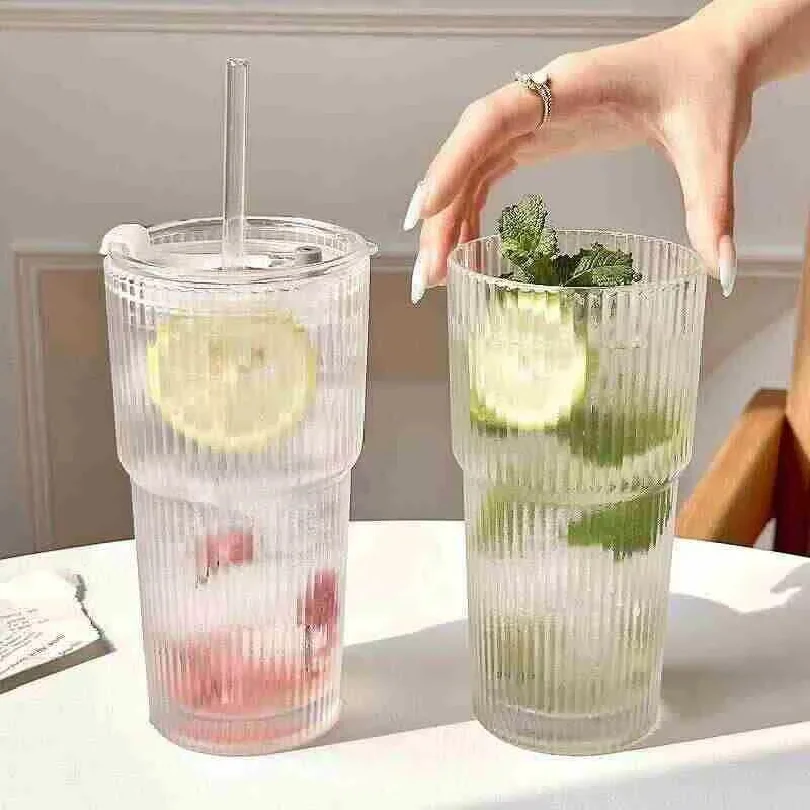 Large Capacity  Stripe Glass Coffee Cup With Lid Cover Straw Transparent Drinking Glasses For Juice Iced Coffee Mugs Drinkware