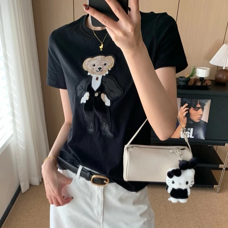 

Spring Summer 2026 Women's Casual Cotton T-shirt round Neck Short Sleeve Cartoon Bear Print Top Comfortable Standard Fit Tee