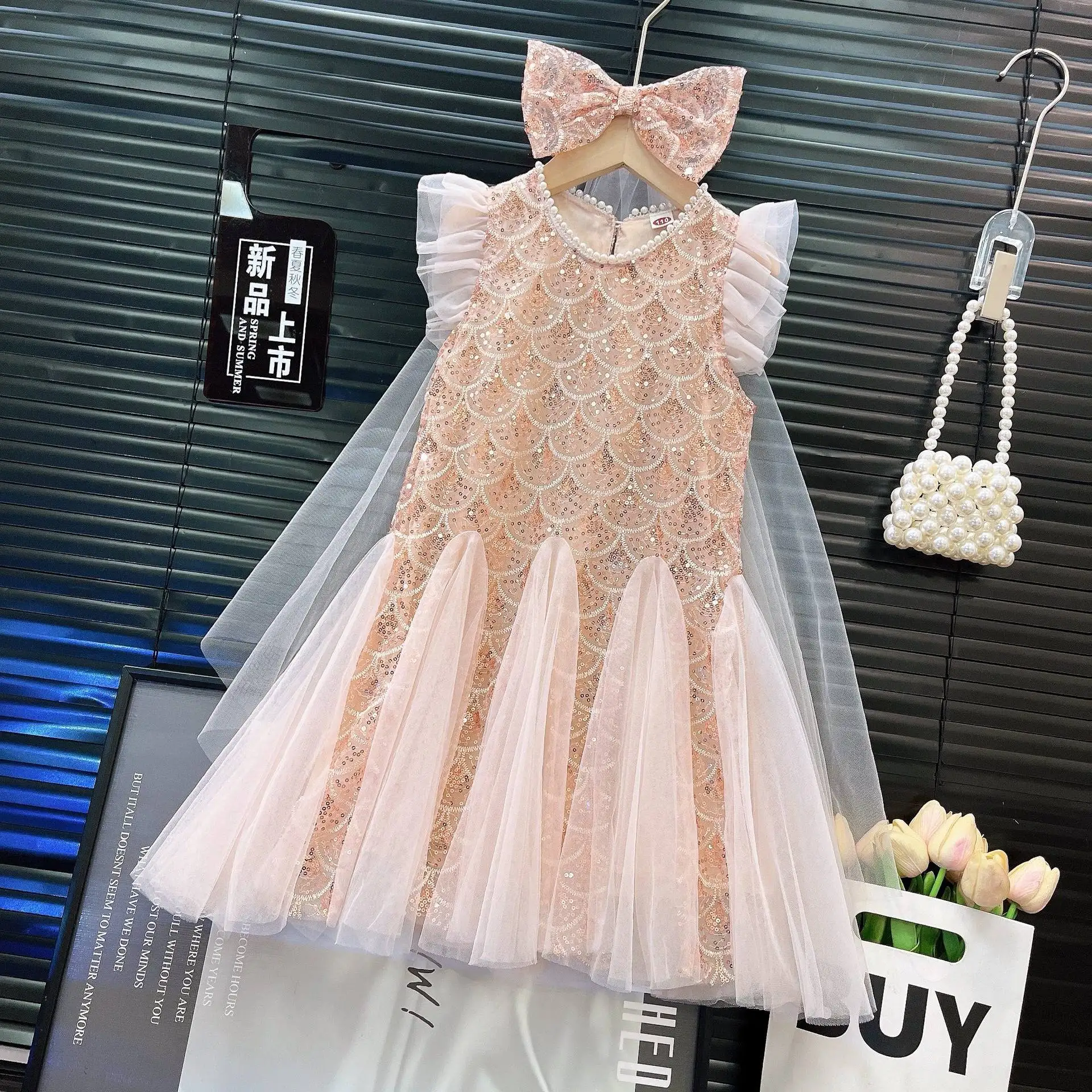 2026 New Summer Girls' Sequined Dress Baby Girl Princess Fashion and Beautiful Mesh Kids Dress Cute