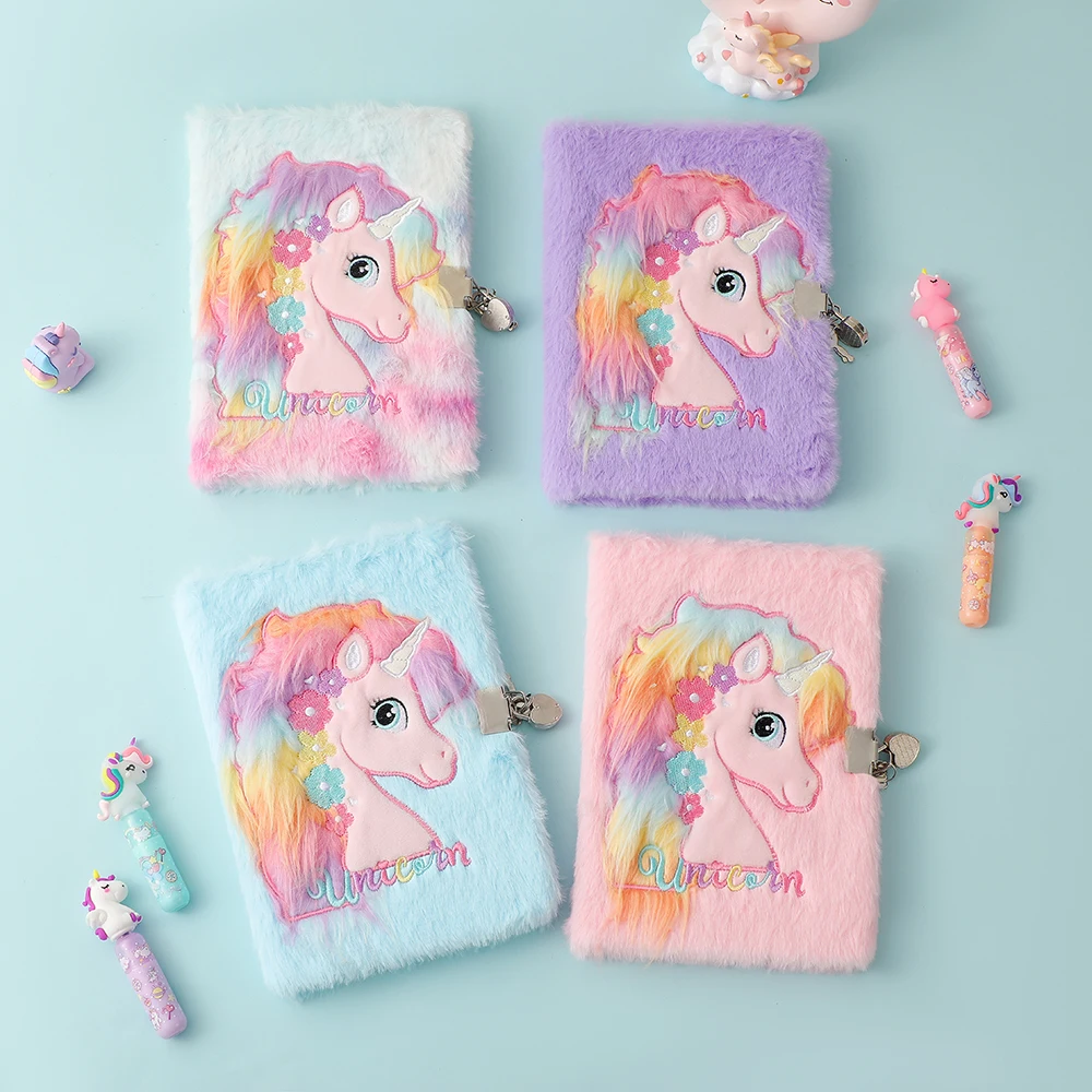 2023 New Cartoon Plush Locked A5 Notebook for Children\'s Cute Unicorn Diary Book Student Gift Reward