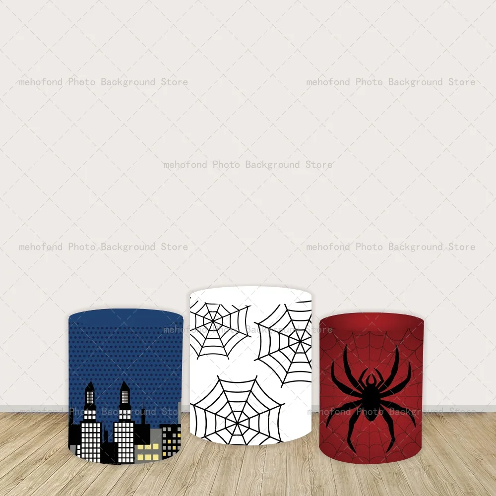 Mehofond Superman City Night Scene Red Dark Web Spider Cylinder Cover Boy's Birthday Party Baby Shower Background Decoration