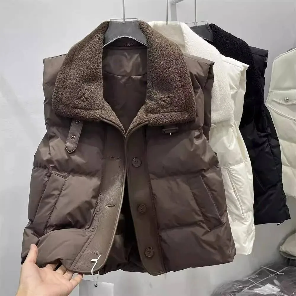 Large Size Korean Design Lamb Skin Splicing Thickened Cotton Vest Casual Commute Style Windproof Outerwear For Autumn And Winter