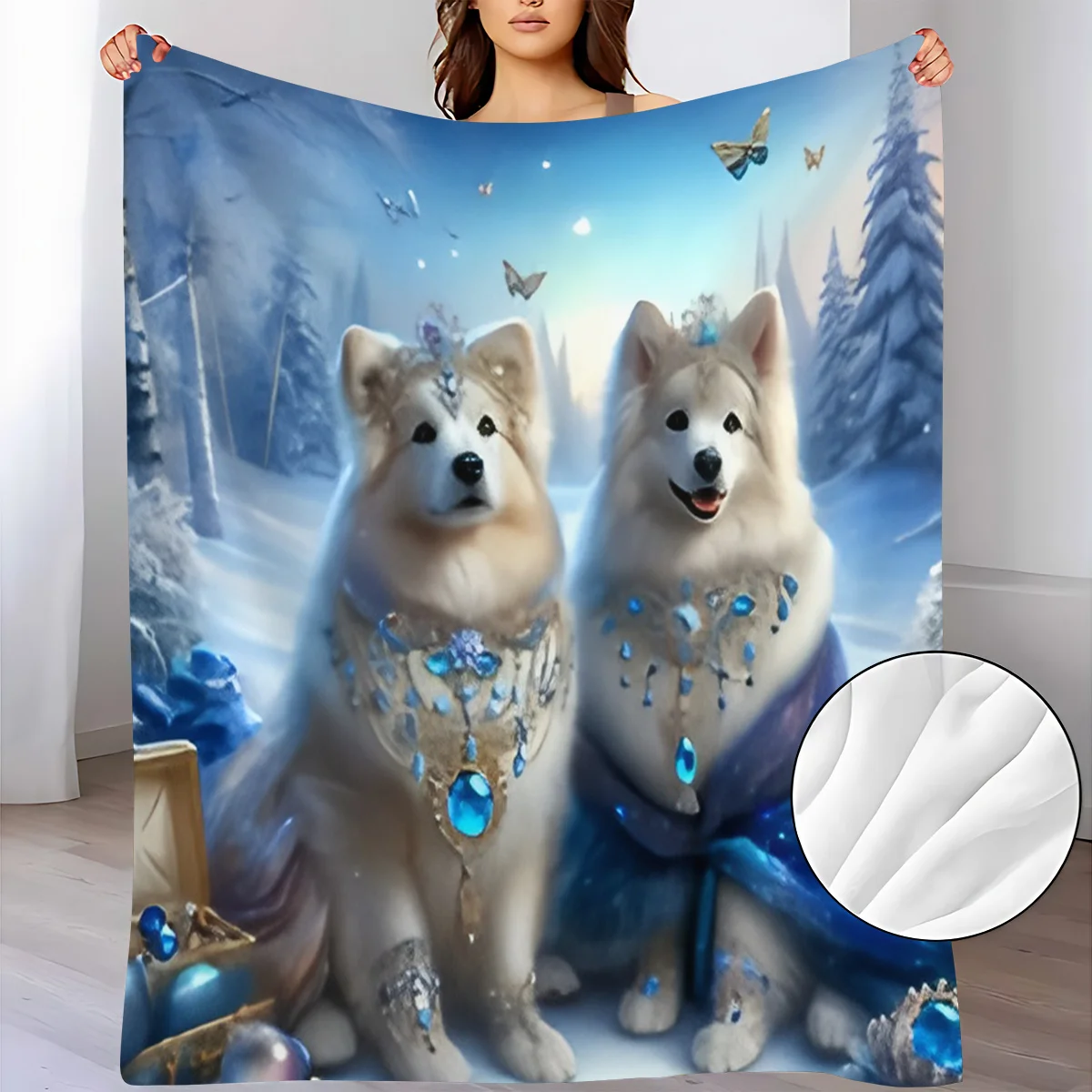 1pc Flannel Small Throw Blanket with Blue Shepherd Dog in Ice and Snow Pattern, Soft and Warm Blanket, Suitable for Sofa Blanket