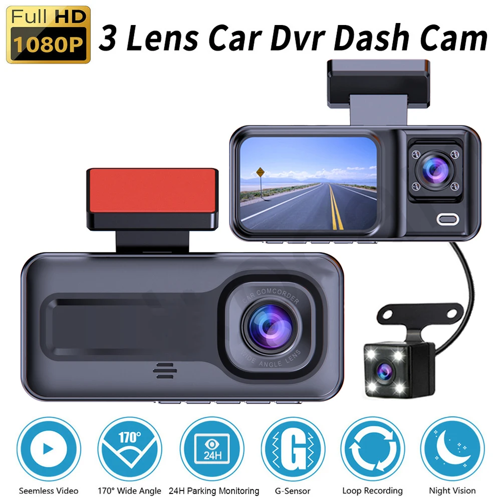 

3 Channel Car DVR Three Way Dash Cam Inside Vehicle Camera DVRs Recorder FHD 1080P Video Mini Registrator Dashcam Camcorder