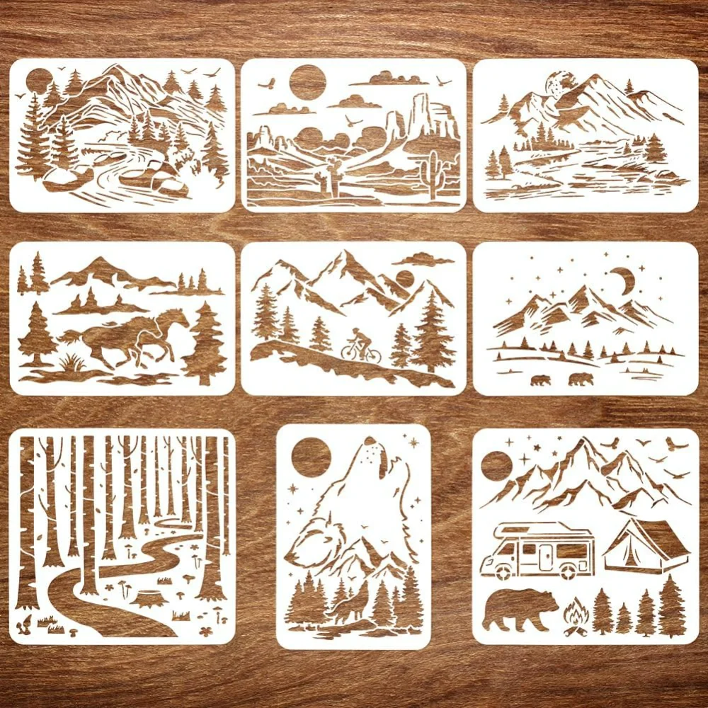 

9 шт. пейзажная живопись большой трафарет 8,3x11,7 дюйма 11,8x11,8 дюйма горы лес, волки, лошади, автомобили, медведи, набор для изготовления человека