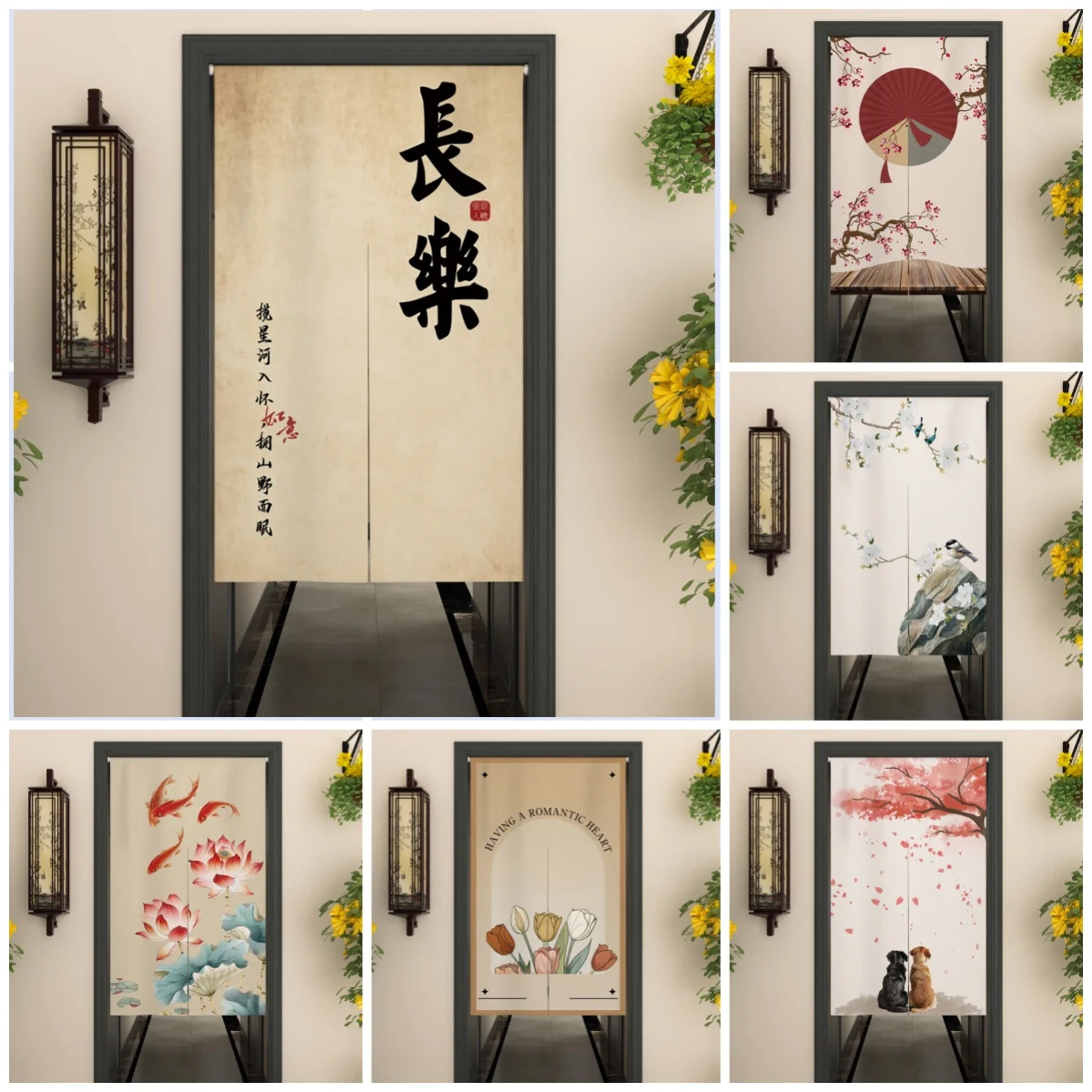 Japanese Style Door Curtain Calligraphy Floral Bird Koi Lotus Cherry Blossom Home Decor Artistic Partition Hanging Half Curtains