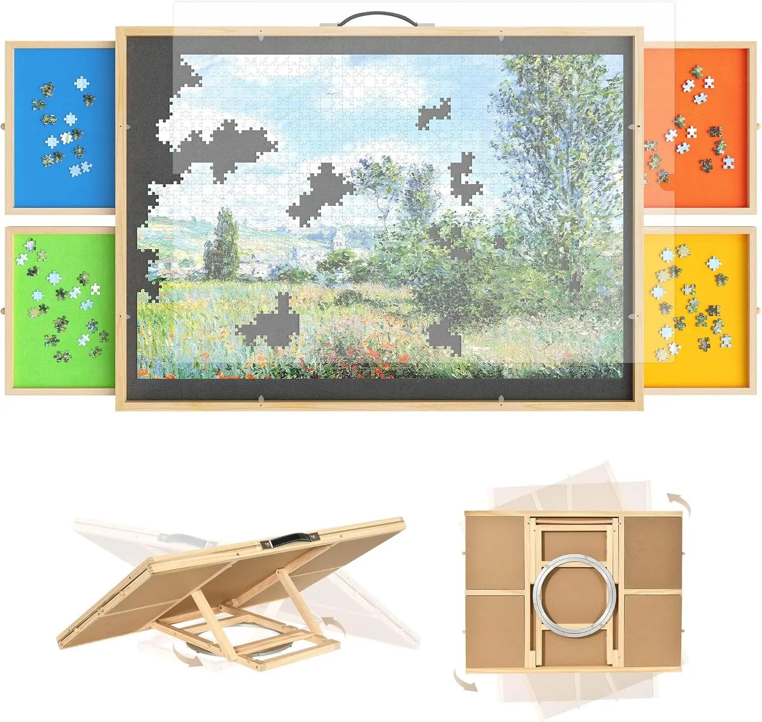 

2 in 1 Puzzle Board with Drawers, 1500 Pieces Tilting Puzzle Board with Spinning Lazy Susan, Rotating Puzzle Table with Drawers