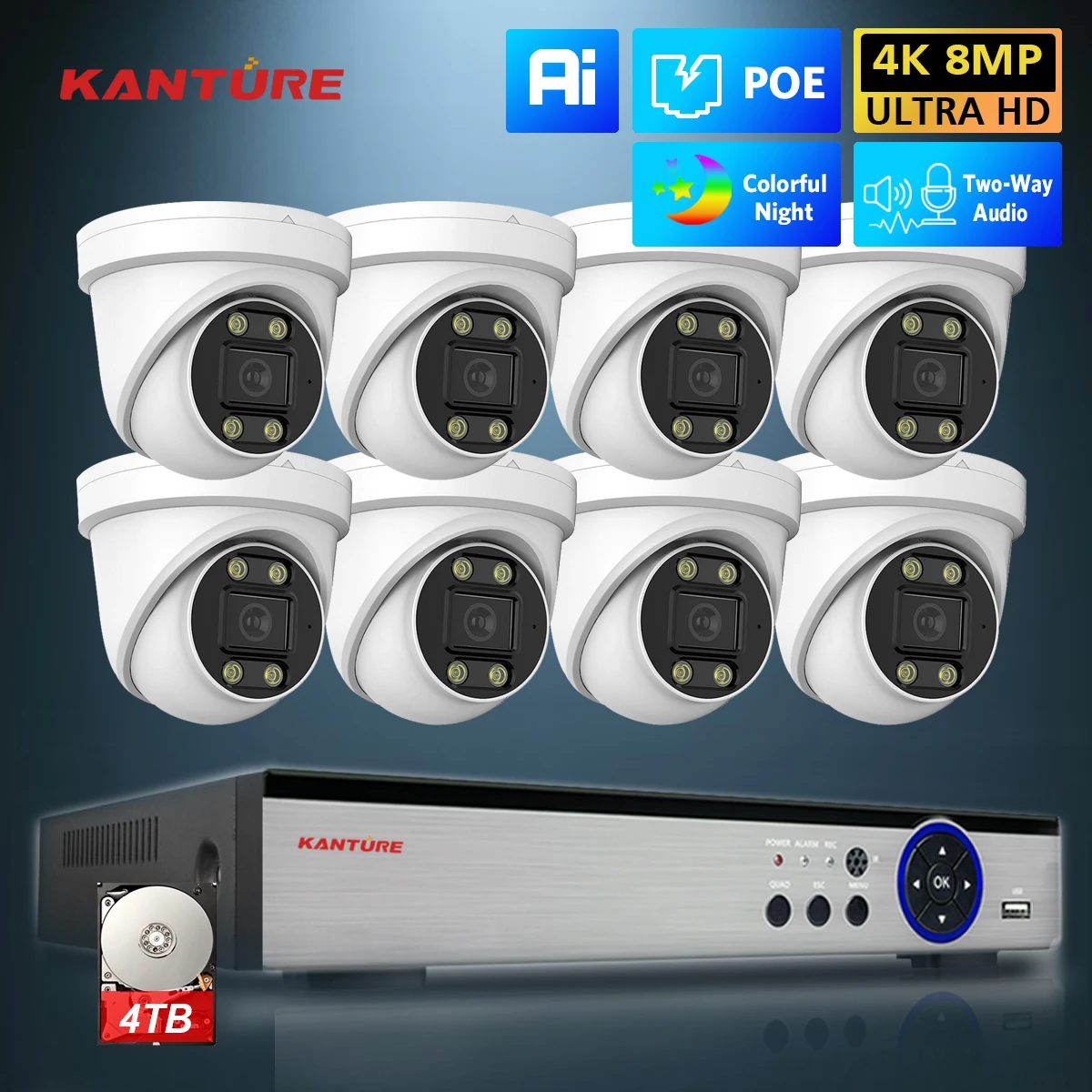 8MP H.265 4K 8CH POE Camera System with Two Way Audio Color Night Vision Metal Indoor CCTV Video Security Surveillance Kit
