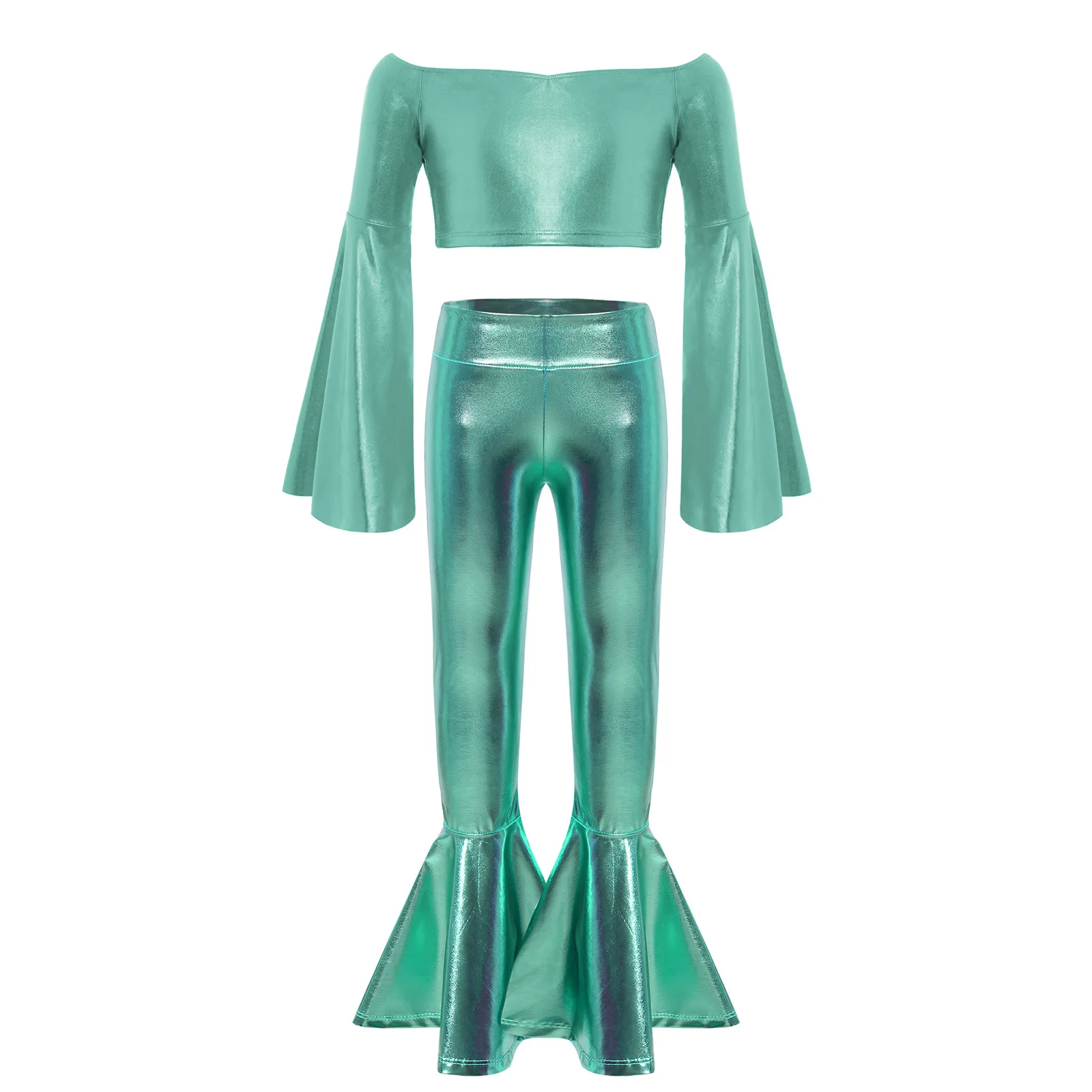

Girls Long Flared Sleeve Off-Shoulder Metallic Crop Top with Elastic Waistband Bell-bottom Shiny Pants for Jazz Hip Hop Dance