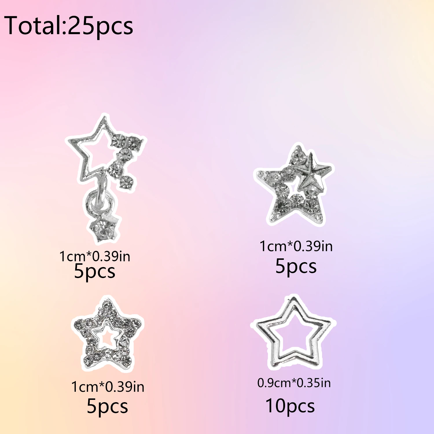 25PCS Star Nail Charms 3D Alloy Nail Art Charms 4 Styles Silver Stars Nail Rhinestones Crystal Pentagram Nail Gems for DIY Craft