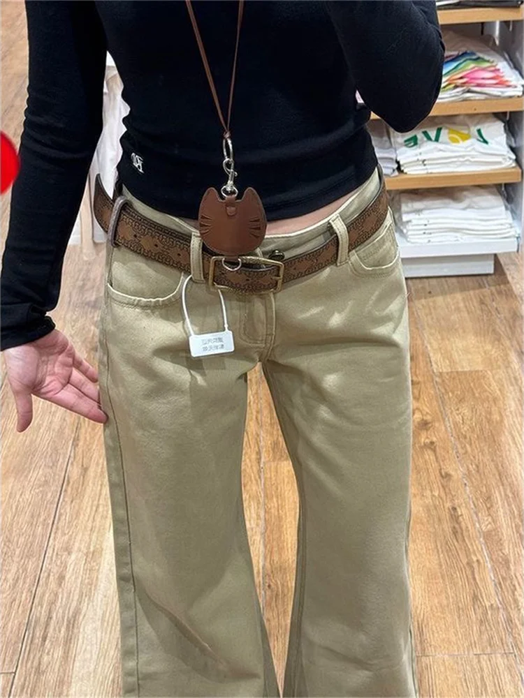 Botvotee خمر الكاكي Bootcut الجينز النساء - منخفضة الارتفاع متوهج الدينيم السراويل الأمريكية الرجعية فضفاضة تناسب واسعة الساق السراويل 90s Y2K