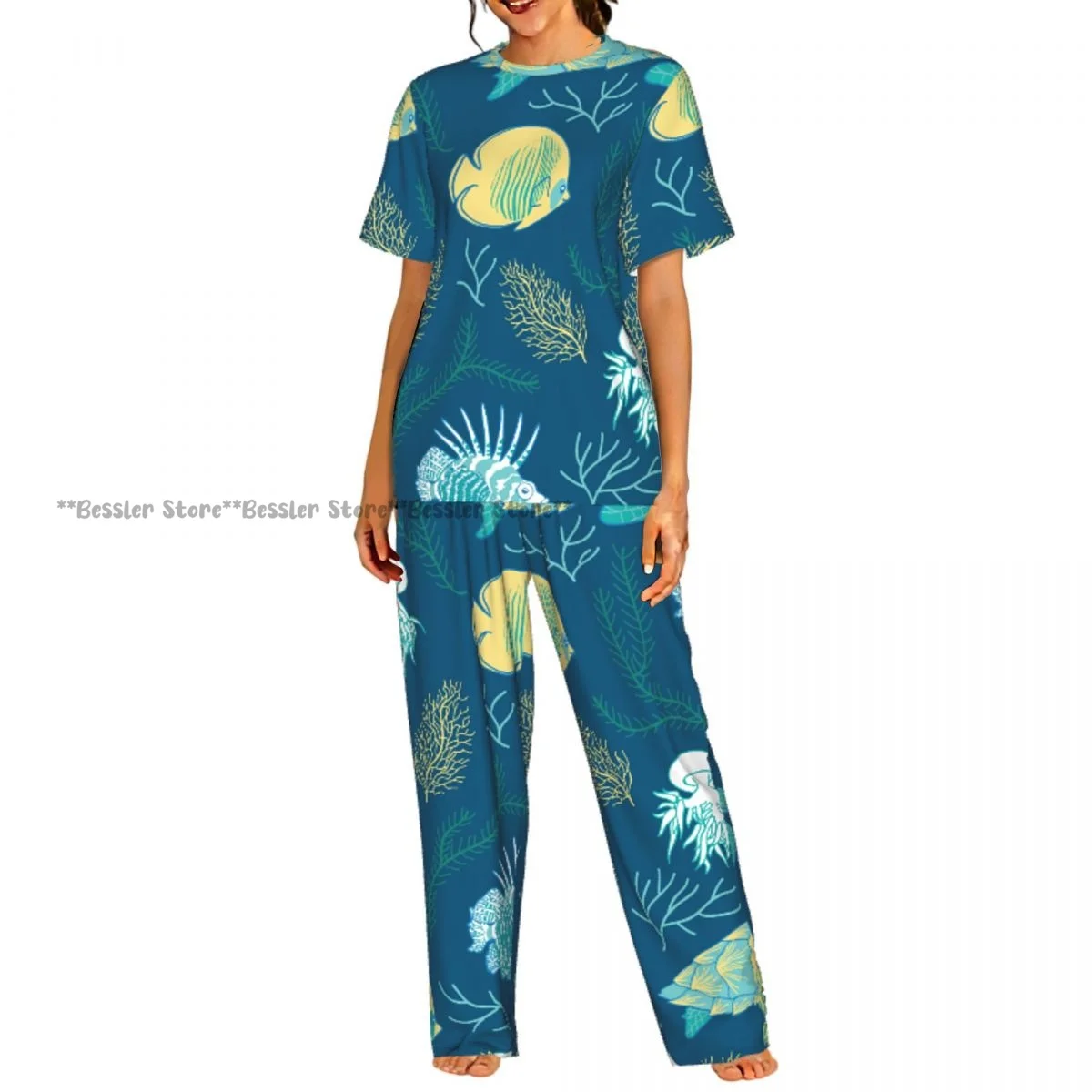 

Women's Comfort Pajamas Women's Ocean Animals Fire Fish Turtle Jellyfish And Corals Short Sleeve Set Sleepwear